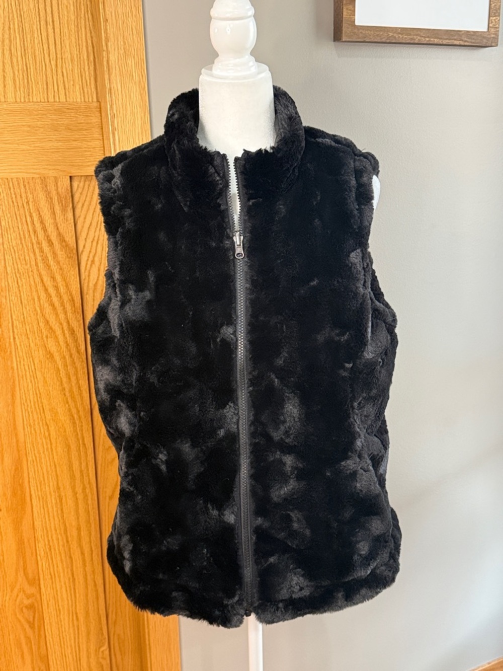 Black Faux Fur Zip-Up Reversible Vest
